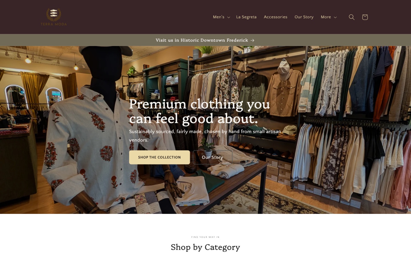 Terra Moda · Custom Shopify rebuild for a sustainable Frederick boutique